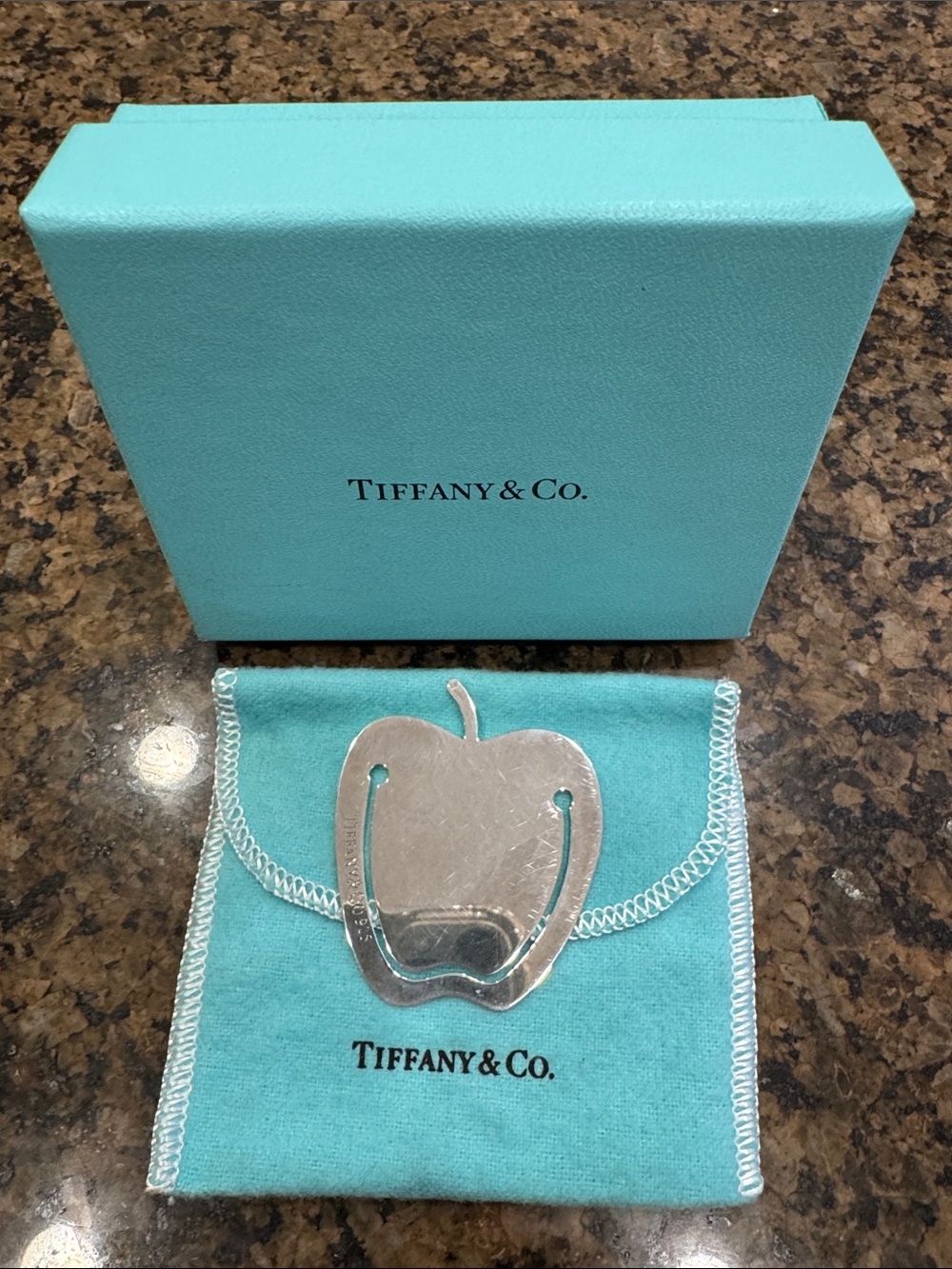 Tiffany & Co. Silver Apple Bookmark with Signature Blue Pouch